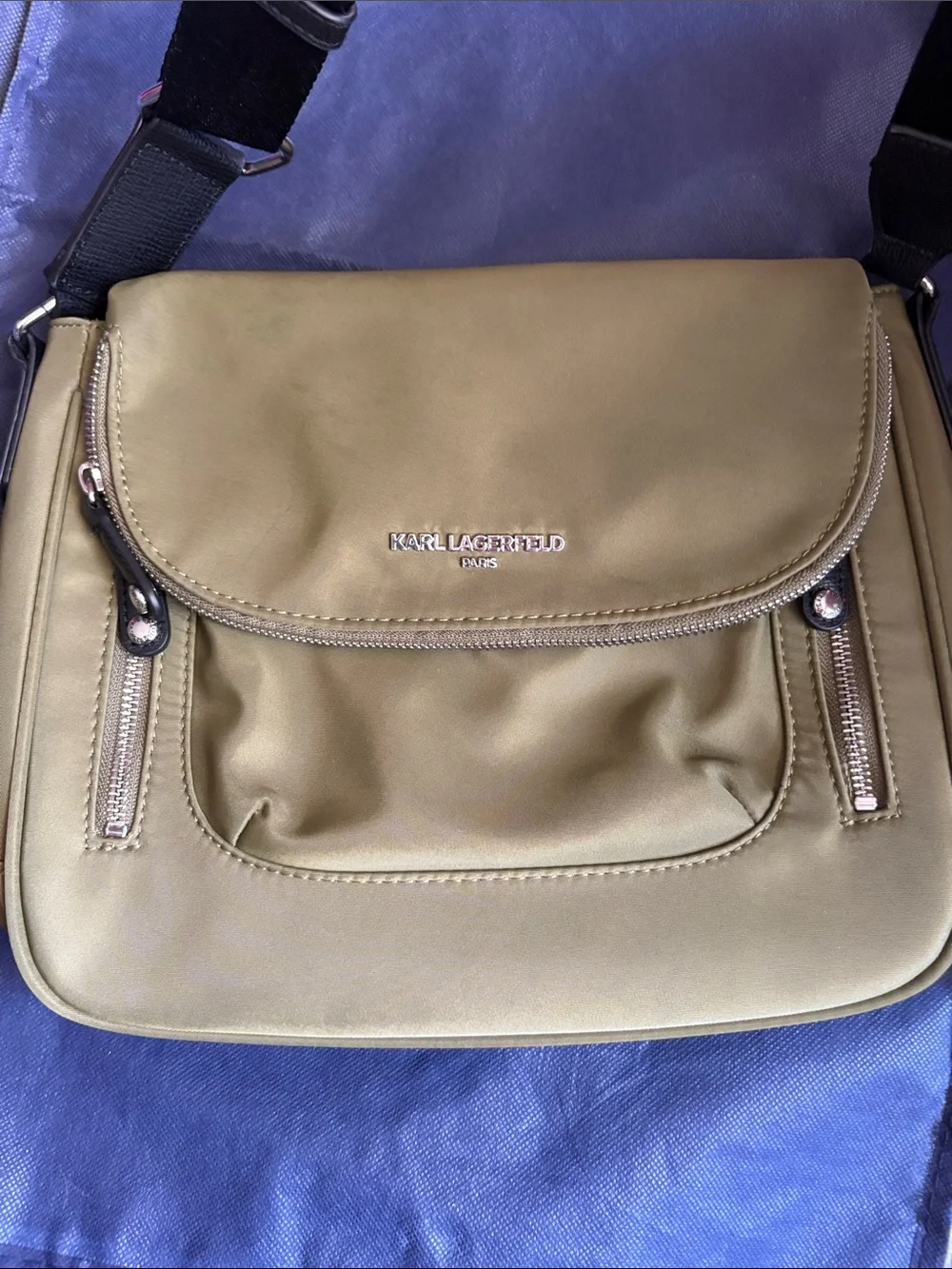 Karl Lagerfeld Olive Green Nylon Messenger Bag with Black Strap